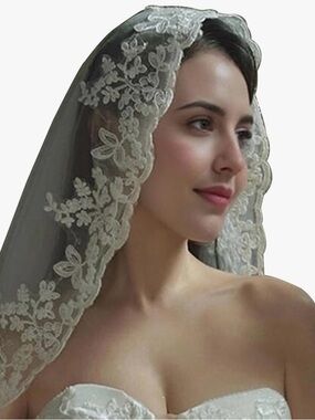 Bridal Mantilla Lace Flower Veil,1 Tier Cathedral Fingertip Length w/ Metal Comb